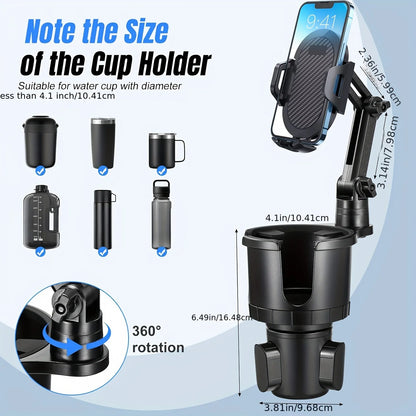 2-in-1 Car Cup Phone Mount with Adjustable Base 360-Degree Rotation Compatible with All Smartphones Travel Phone Holder