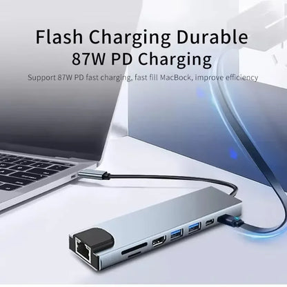 USB C Hub 8 In 1 Type C 3.1 To 4K HDTV Adapter with RJ45 100Mbps SD/TF Card Reader PD Fast Charge for MacBook Notebook Laptop