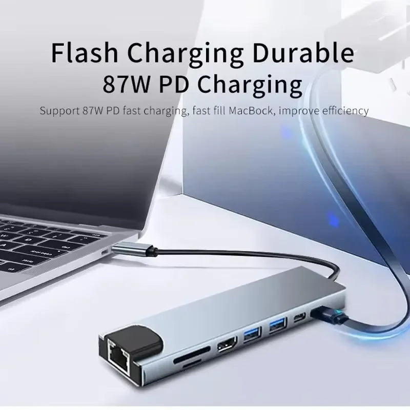 USB C Hub 8 In 1 Type C 3.1 To 4K HDTV Adapter with RJ45 100Mbps SD/TF Card Reader PD Fast Charge for MacBook Notebook Laptop