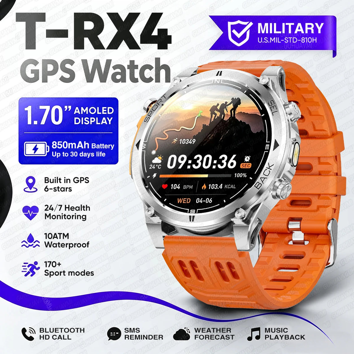 T-RX4 Ultra GPS Outdoors Military Smart Watch Men 1.7" AMOLED Compass 10ATM Waterproof 850mAh Battery Bluetooth Call Smartwatch
