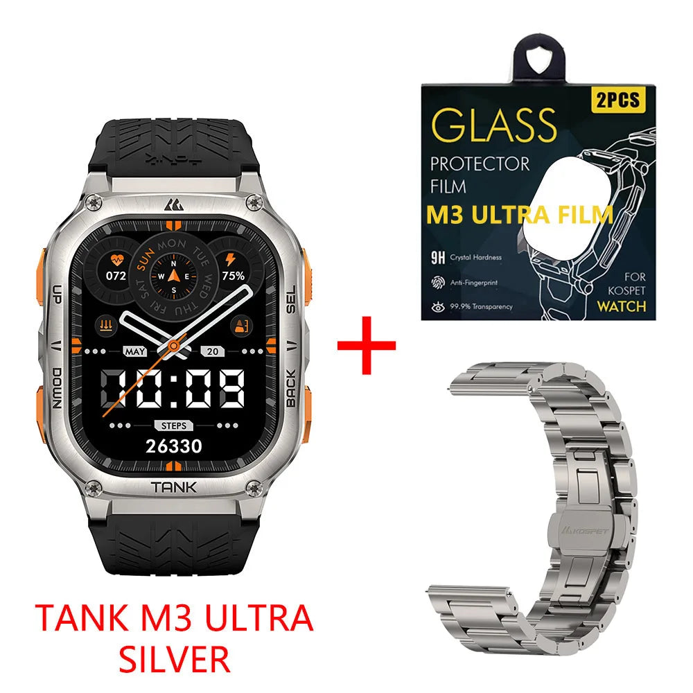 KOSPET TANK M3 Ultra GPS Smart Watch Men Military Grade Compass Altimeter Barometric 480mAh 60Day Battery IP69K 5ATM Waterproof