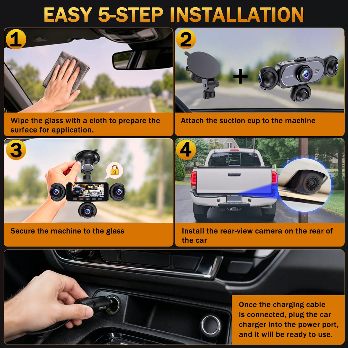 BCUOZ 360° Dashcam 5-Lens 1080P Front 720P Rear Left Right Car Cameras Super Night Vision G-Sensor WDR Loop Recording 12-24V Plug Power Supply Optional 64GB Memory Card