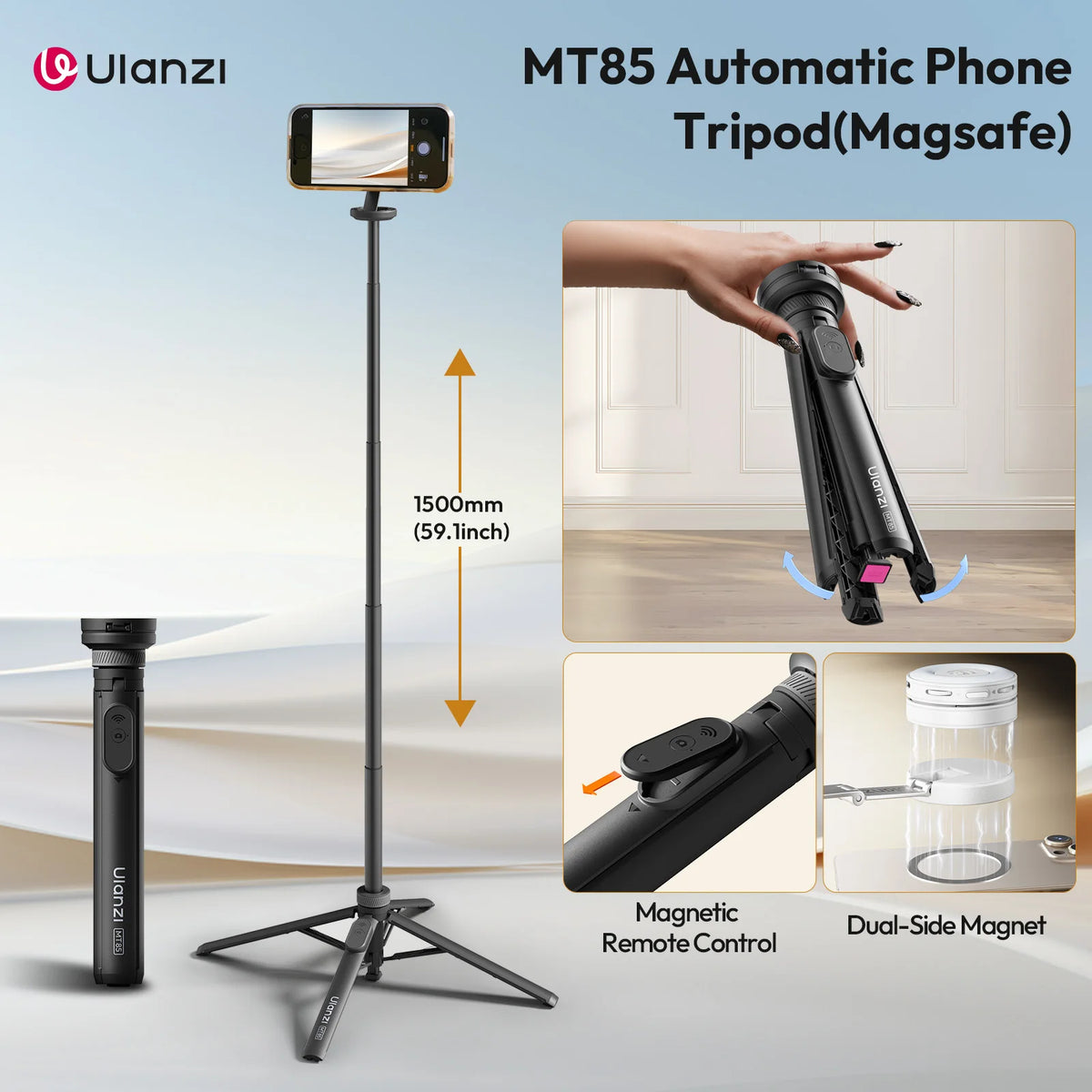 Ulanzi MT85 Automatic Phone Tripod Smartphone Selfie Stick Stand 1.5M With Bluetooth Controller 10M Wireless Magsafe for TikTok