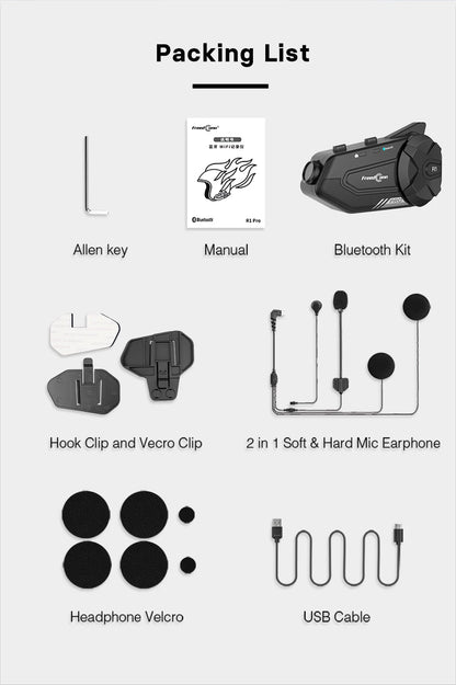 Motorcycle Intercom Helmet Bluetooth Headset Group Speaker Headphone WiFi App Freedconn R1Pro Motorbike Dash Cam Moto Auto Dvr