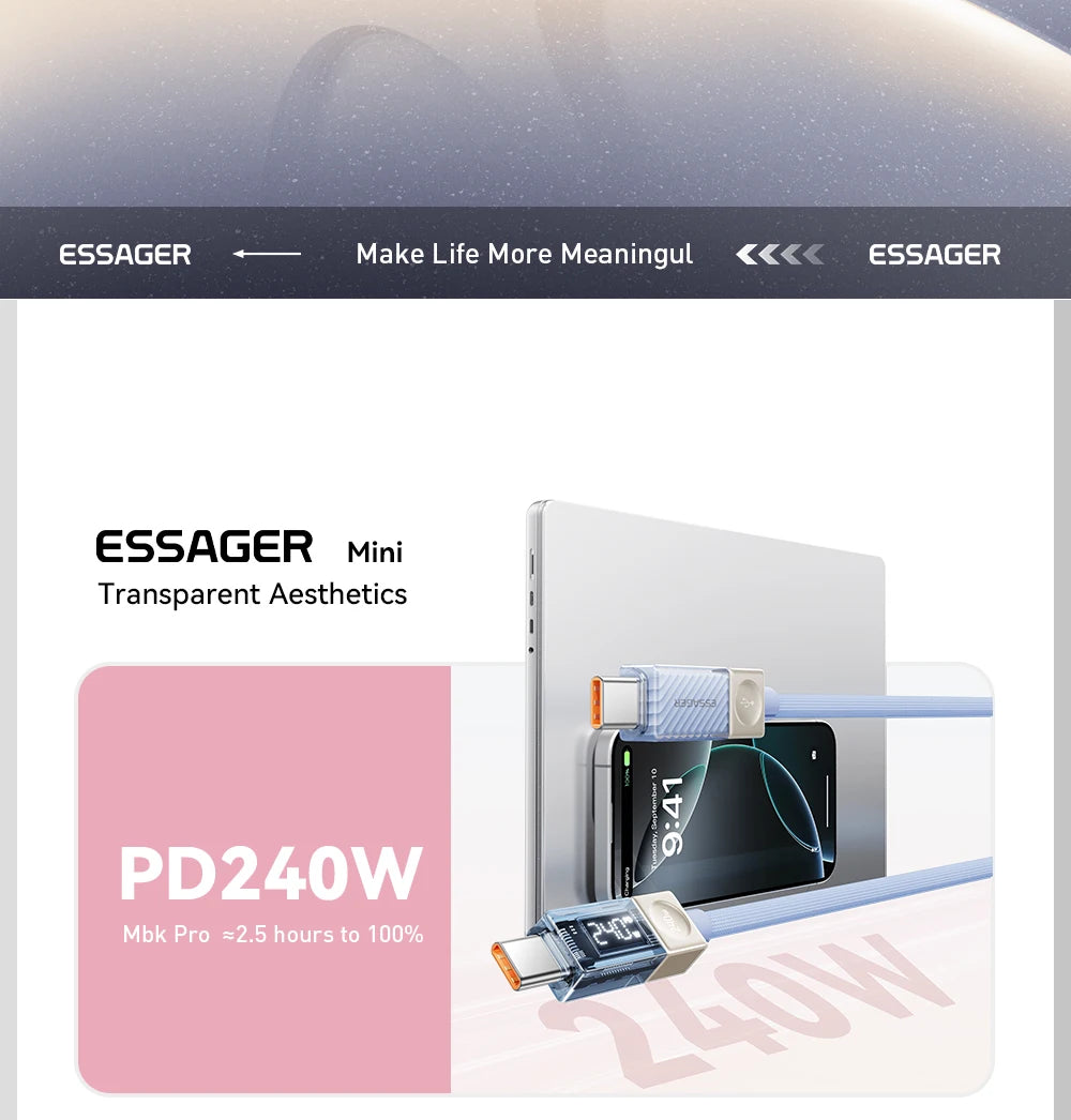 Essager 240W USB C Cable for iPhone 18 17 16 Plus Pro Max Macbook iPad Supercharge Fast Charger Type C Cable for Xiaomi Samsung
