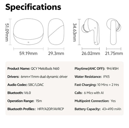 QCY MeloBuds N60 HT19 Wireless Bluetooth 6.0 Earphones 56dB Hybrid ANC LDAC Hi-Res Audio with Coaxial Dual Driver Earbuds 45Hrs