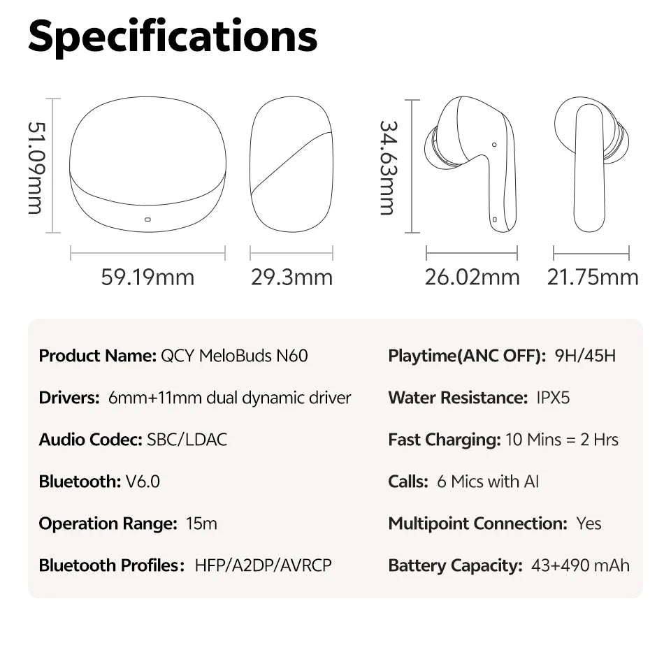 QCY MeloBuds N60 HT19 Wireless Bluetooth 6.0 Earphones 56dB Hybrid ANC LDAC Hi-Res Audio with Coaxial Dual Driver Earbuds 45Hrs