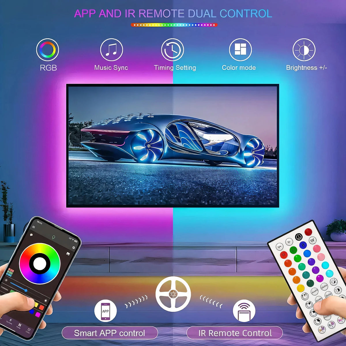 200FT RGB LED Strips Light, with 44-key Remote Control and App Control, Color-hanging LED Strips Set, RGB Music Synchronous Lighting, Suitable for Rooms, Home Decoration