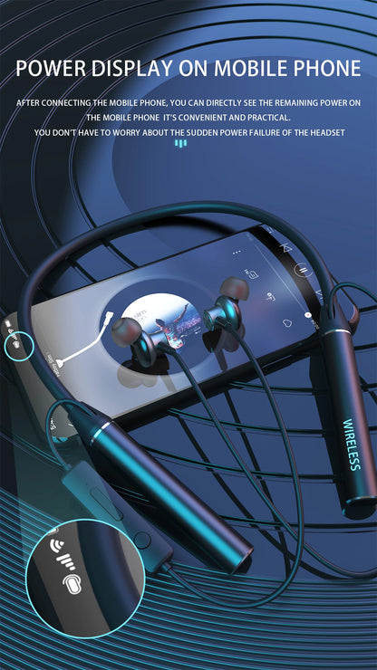 Neck-mounted TWS sports Bluetooth earphones with a metal casing, memory neckband, bendable and portable. Supports TF card playback for music. Dual battery design for ultra-long battery life. Supports simultaneous connection t