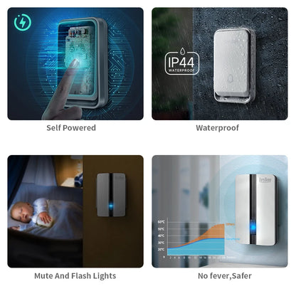 Wireless Doorbell Self-Powered No Battery Waterproof IP44 Wide Voltage 110-240V Global Plugs Long Range Remote Control CE