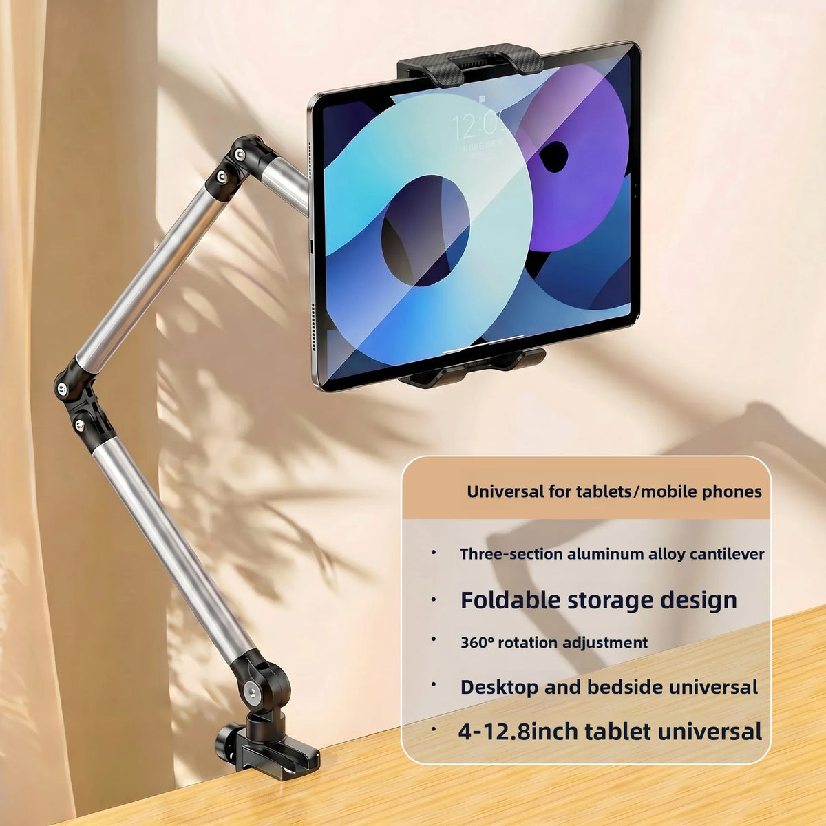 Adjustable Bed Phone Holder Stand for 4.7-12.9 Inch Phone Tablet, Foldable Metal Arm Desk Clamp, 360° Viewing