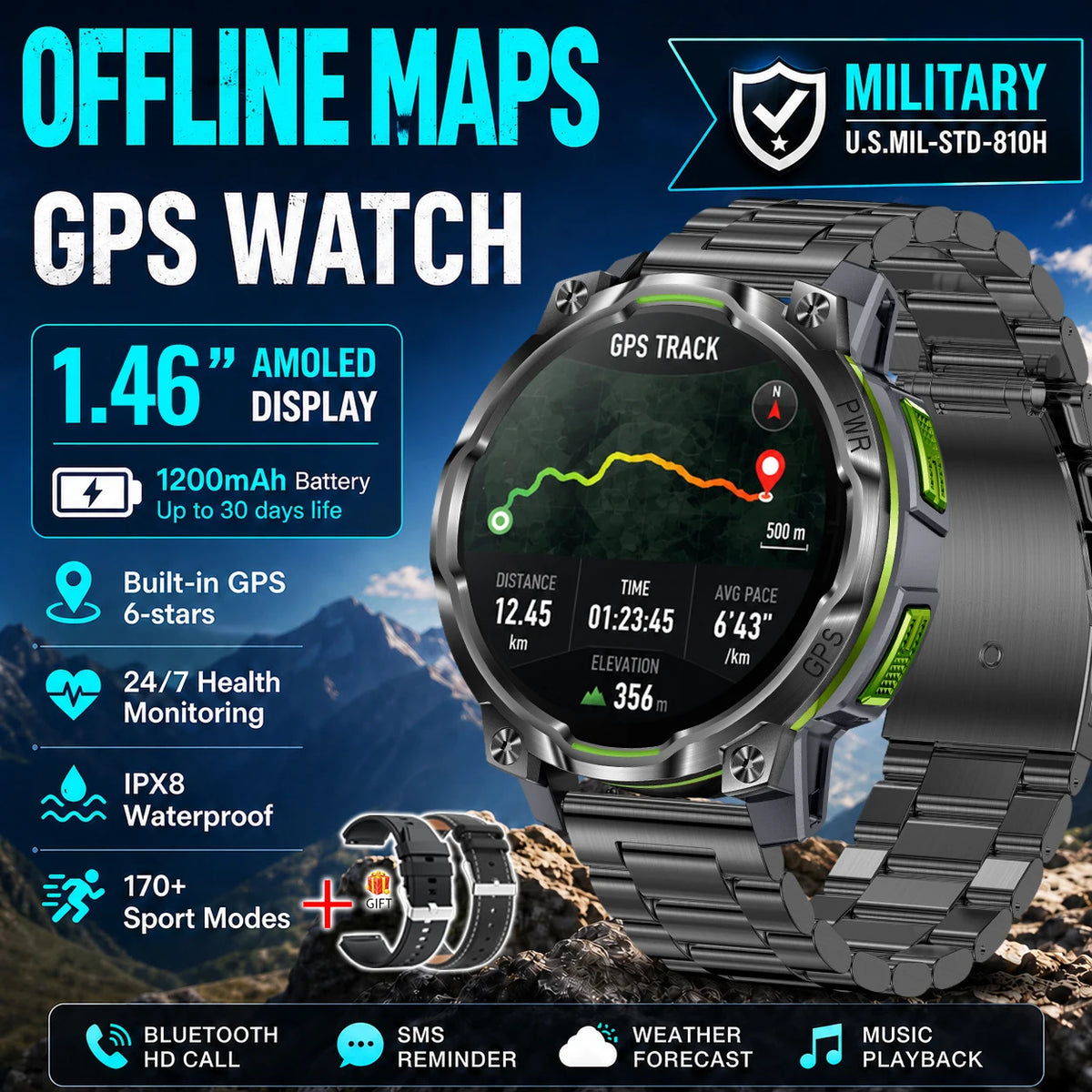 Men Outdoor GPS Smartwatch Offline Map 107 Sport Modes 1200mAh Battery BT Call Heart Rate BP SpO2 Fitness Sports Wrist Watch
