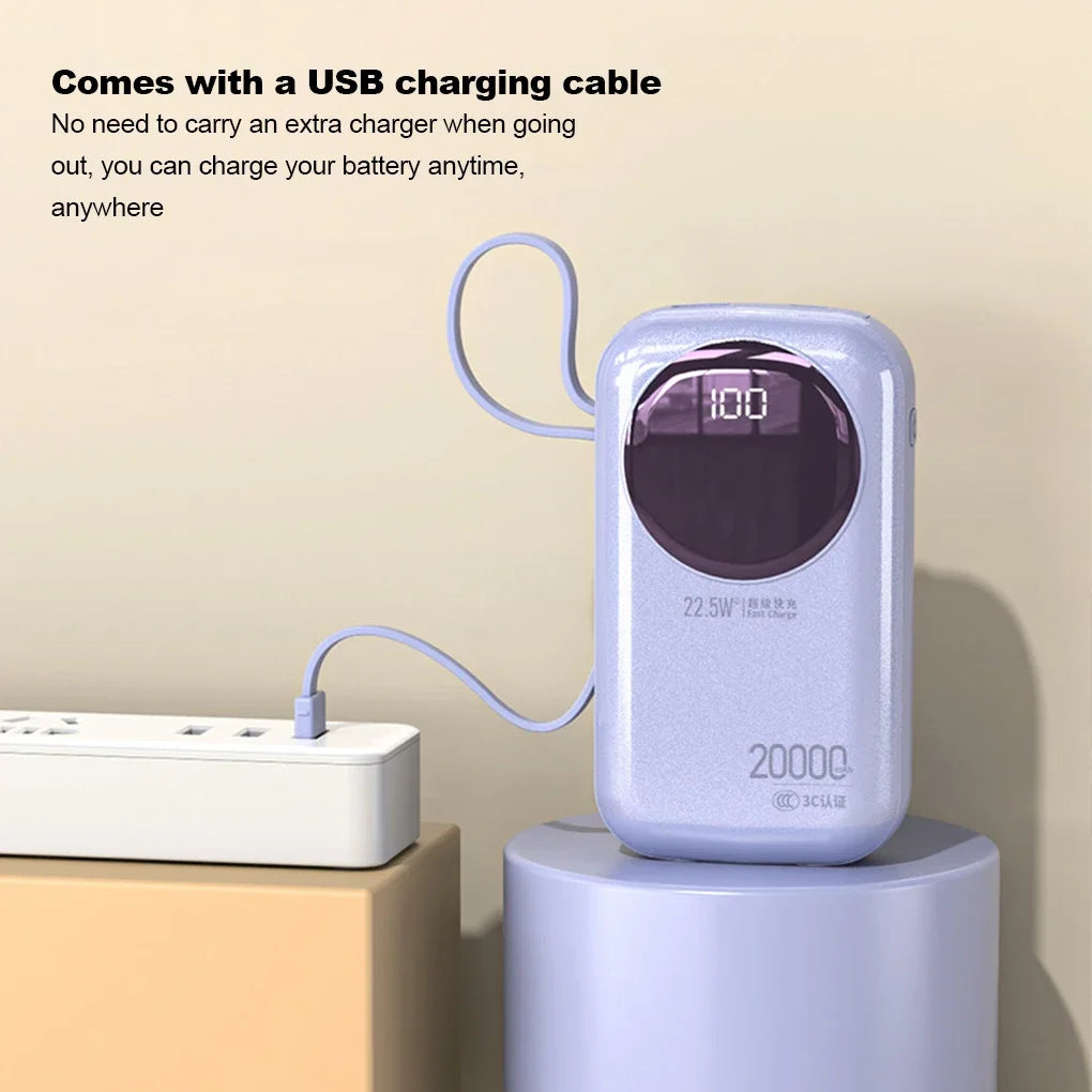 CCC Certified 20000mAh Mini Power Bank, 22.5W PD Fast Charging Built-in Cable, Portable Charger for iPhone Samsung Airplane Safe