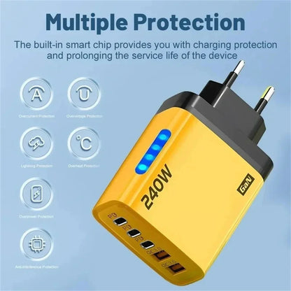 240W USB C Phone Charger Fast Charging Wall Adapters 100W 6A 3 In 1 USB-A to 3 ×Type-C Data Cables For iPhone 15 Samsung Xiaomi