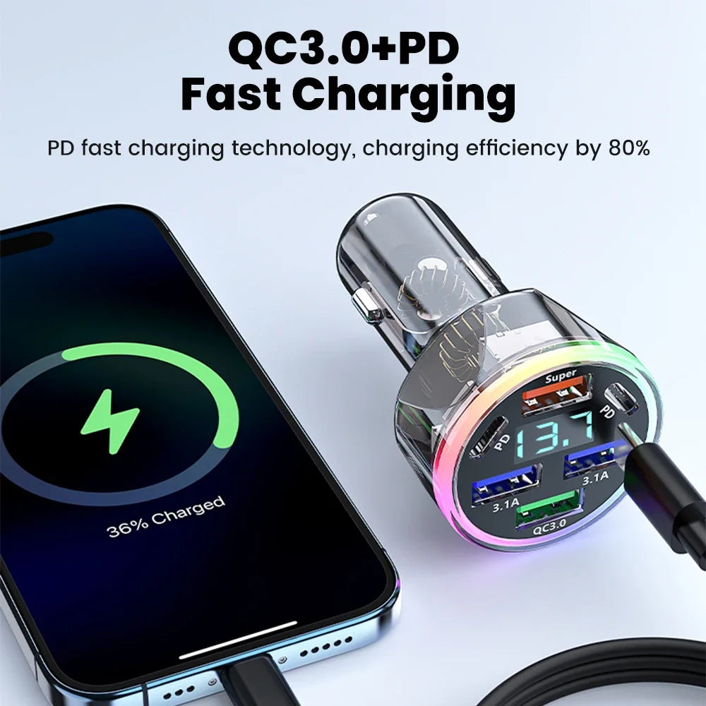 200W Multi-Port Car Charger Colorful Car Cigarette Lighter Adapter USB Type C Fast Charge For IPhone Xiaomi Huawei Samsung QC3.0