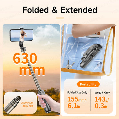 TOKQI Mini Selfie Stick Tripod with 3 Color Fill Light Detachable Holder 360 Rotation Bluetooth Remote for Vlog Live Streaming