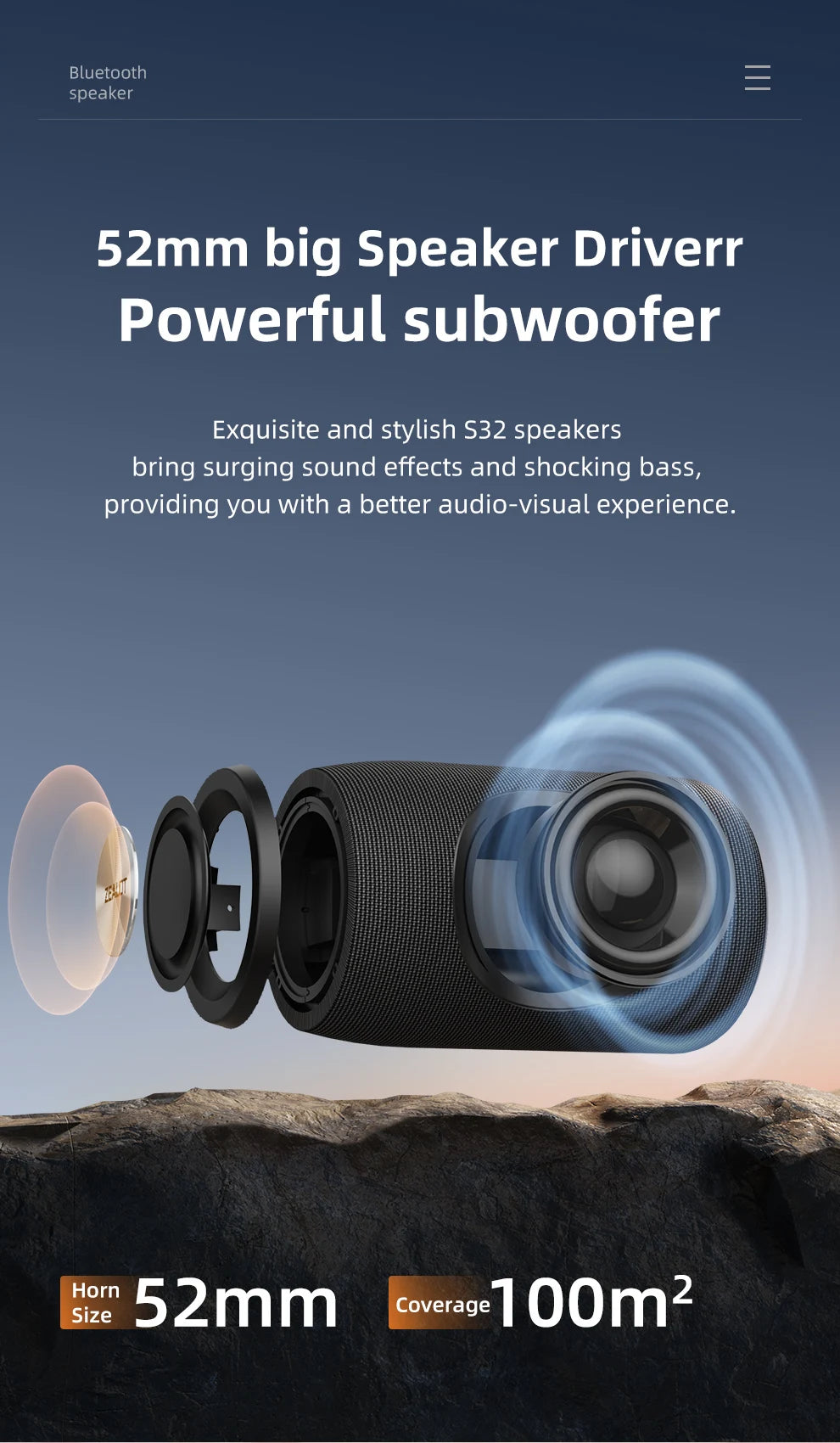 Zealot_S32 Wireless Bluetooth Speaker Mini Portable Subwoofer Speaker TWS Dual Pairing BT5.2 15W Wireless Speaker for Outdoor