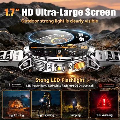 Ultra Large 1400mAh Battery Sport Smartwatch 1.7” Heart Rate Tactical Strong Flashlight 5ATM Waterproof Call Smart Watch For Men
