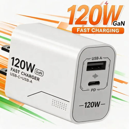 USB 120W Charger 2-Port GaN Type C Charger USB-C Fast Charging Wall Adapter US/EU Plug Phone Charger Compatible With Phone