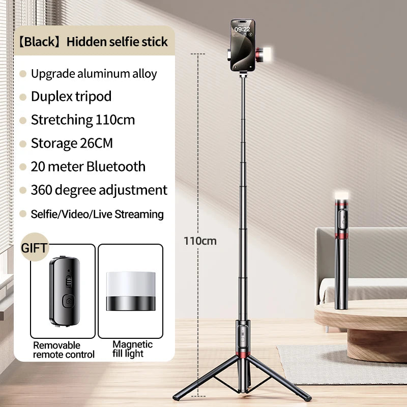 Selfie Stick 1.1 M Ultra Long Stretch Portable Phone Holder Integrated Design Bluetooth Remote With Fill Light Tripod Stand For