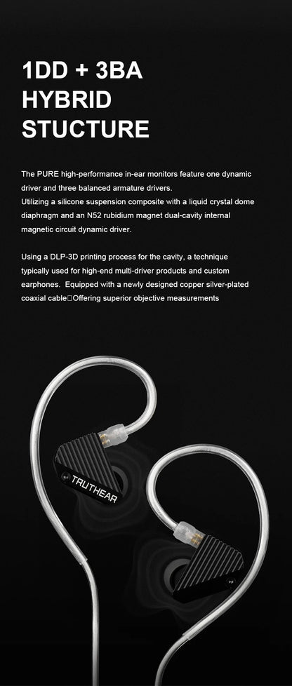 TRUTHEAR PURE Earphones 1DD+3BA Hybrid Wired In-Ear Headphones HIFI Earplugs 3.5mm Plug 0.78mm 2Pin Gaming Headset