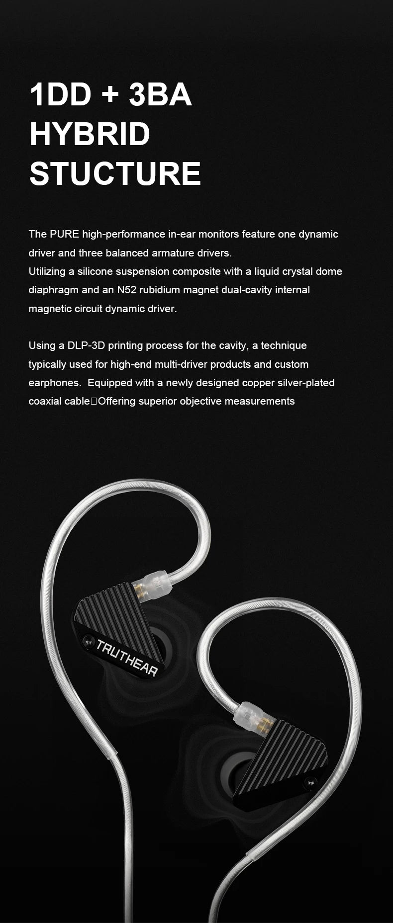TRUTHEAR PURE Earphones 1DD+3BA Hybrid Wired In-Ear Headphones HIFI Earplugs 3.5mm Plug 0.78mm 2Pin Gaming Headset