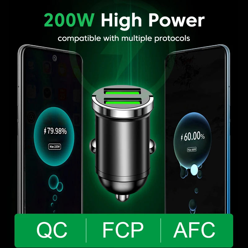 200W Dual USB Car Charger Fast Charging Pull Ring Car Phone Charger Adapter For iPhone Samsung Huawei Xiaomi Cigarette Lighter