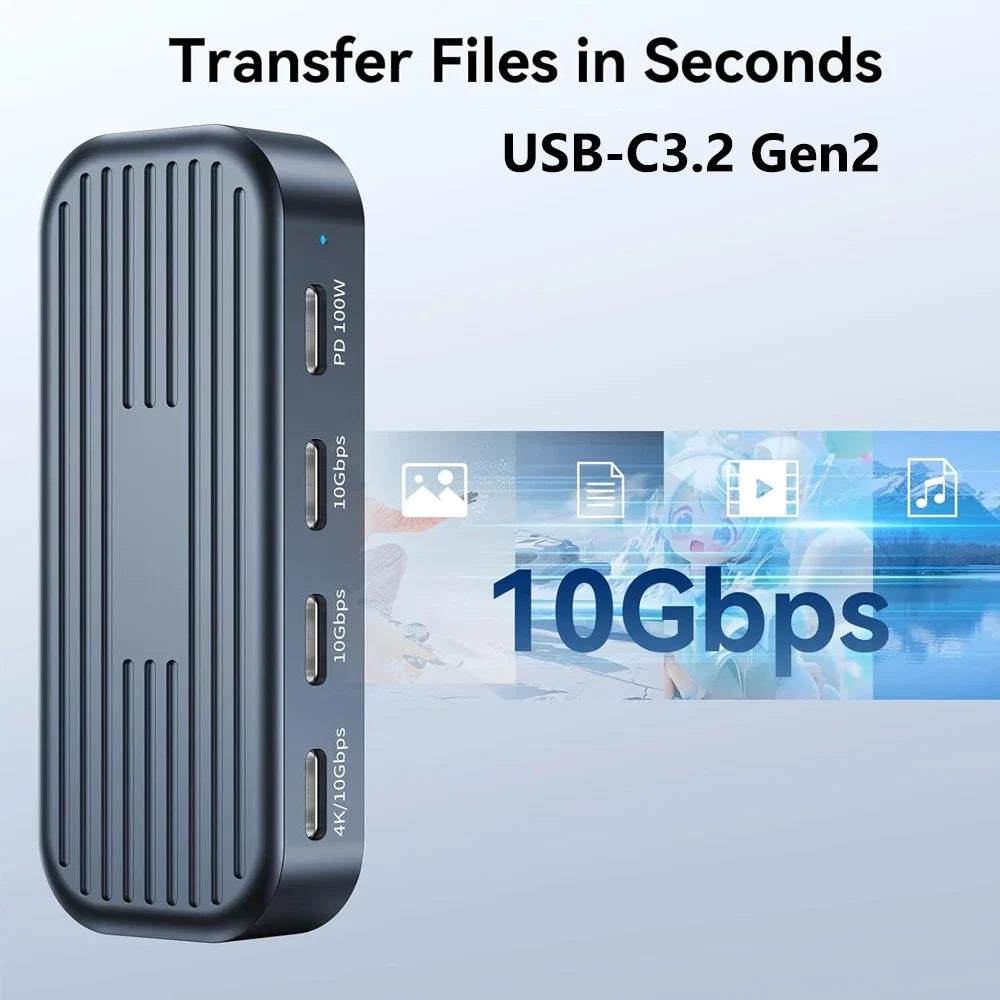 10Gbps USB C Hub with 4K@60Hz Video Output USB3.2 Gen2 Monitor Data Transfer PD100W for Laptops MacBook iPad Pro Type-C Devices