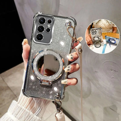 Crossbody Lanyard Glitter Shockproof Plating Case For Samsung Galaxy S25 S24 S23 S22 S21 S20 Ultra FE Plus Mirror Holder Cover