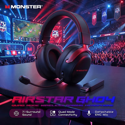 Monster GH04 Wireless Gaming Headphone 2.4G/Bluetooth 6.0 4-Mode 7.1 Surround Sound Esports Gaming Headset with Detachable Mic