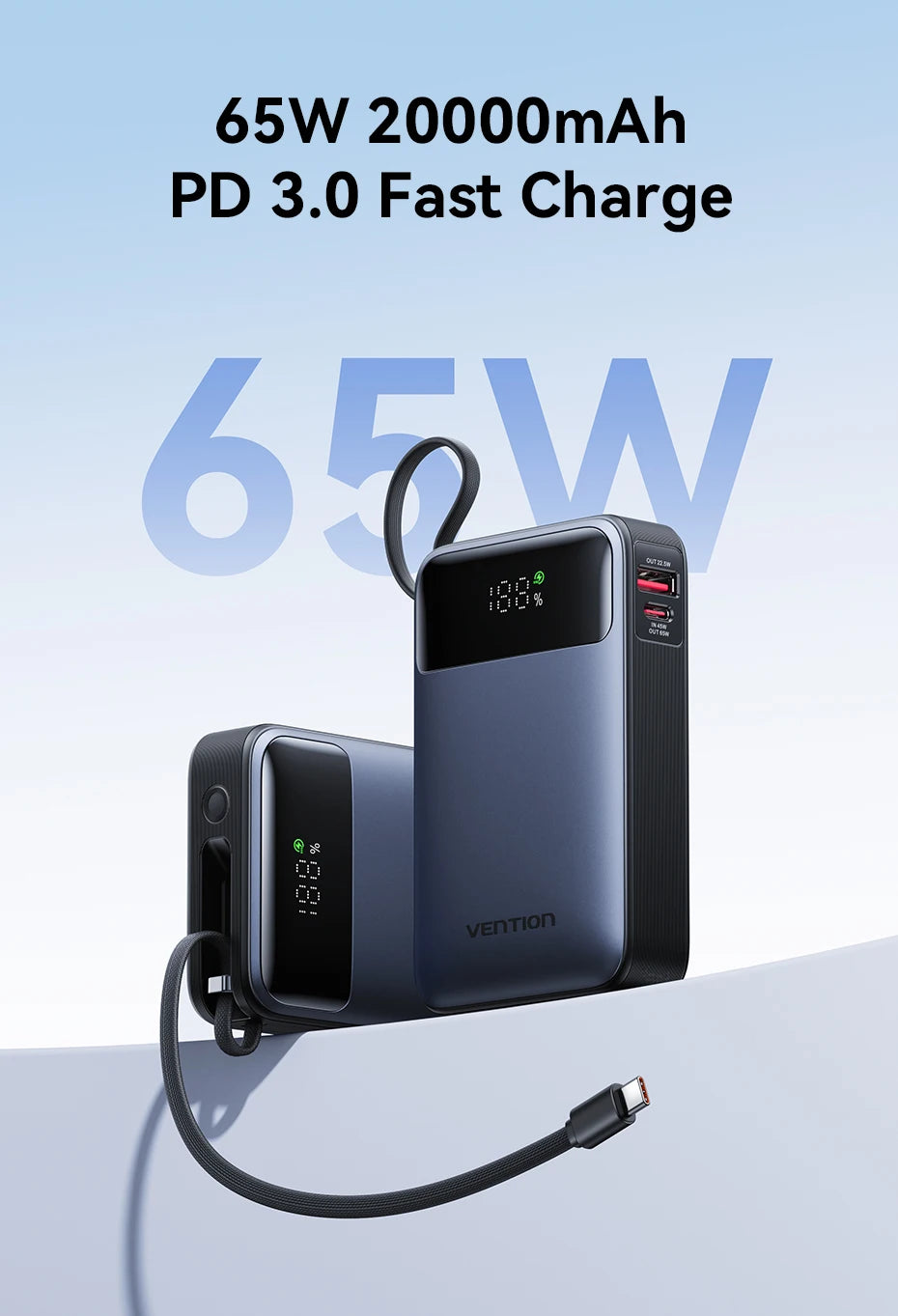 Vention 65W Power Bank 20000mAh Built-in USB-C Cable Portable Powerbank for Laptop PD Fast Charger for iPhone 18 Samsung S26 S25