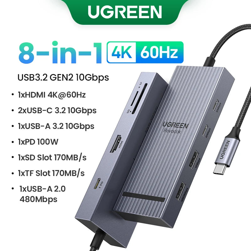 UGREEN USB HUB 4K120Hz DP Type-C to 4K60Hz 2xHDMI SD/TF RJ45 3.5mm USB3.2 Gen2 10Gbps Data for Laptop Dell HP Lenovo Accessories