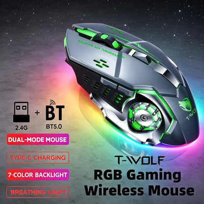 RGB Wireless Gaming Mouse - T-WOLF Rechargeable BT5.0 + 2.4G Dual-Mode Mouse, Silent Full-Size Ergonomic Design For Extended Work, Productivity & Gaming, Tech Desk Setup Accessories, Back To School Gift