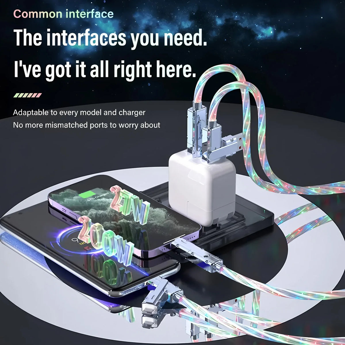 Phone Cable 240W LED Luminous USB Cable 4 in 1 Fast Charging Data Cable for iPhone 14 Pro Max Charger Cables