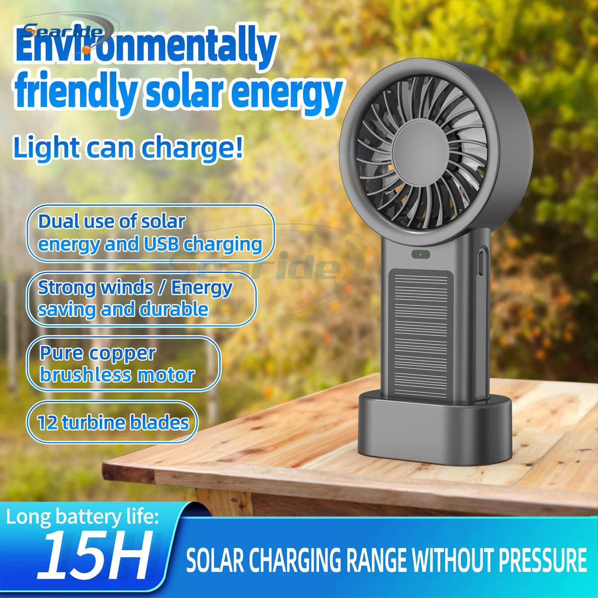 Solar Handheld Fan Small Dekstop Fan USB Light Rechargeable Portable Mini Air Cooling Hand Fan for Outdoor Camping Travel Hiking