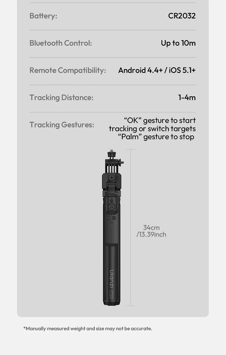 Ulanzi TT23 360° Auto-Tracking Selfie Stick Tripod Compact Foldable With Gesture Control Bluetooth Smart Face Tracking Tools