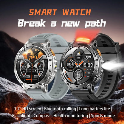 Ultra Large 1400mAh Battery Sport Smartwatch 1.7” Heart Rate Tactical Strong Flashlight 5ATM Waterproof Call Smart Watch For Men