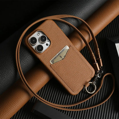 Multifunctional Charging Cable Lanyard Genuine Leather Case for IPhone 18 Pro Max 17Pro 16 15 14 13Pro Crossbody Strap Card Slot