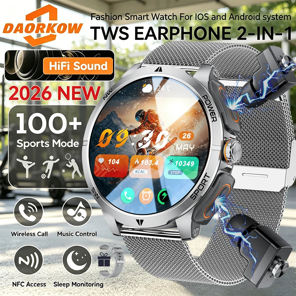 TWS 2-in-1 Smart Watch with Headphones Sports Play Music Bluetooth Headset Call Men Health Monitor NFC Women Smartwatch Earbuds
