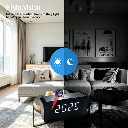 4K New mini WiFi Clock Camera, Supports Infrared Night Vision, Motion Detection, Remote Viewing, LED Lights Can Be Turned off