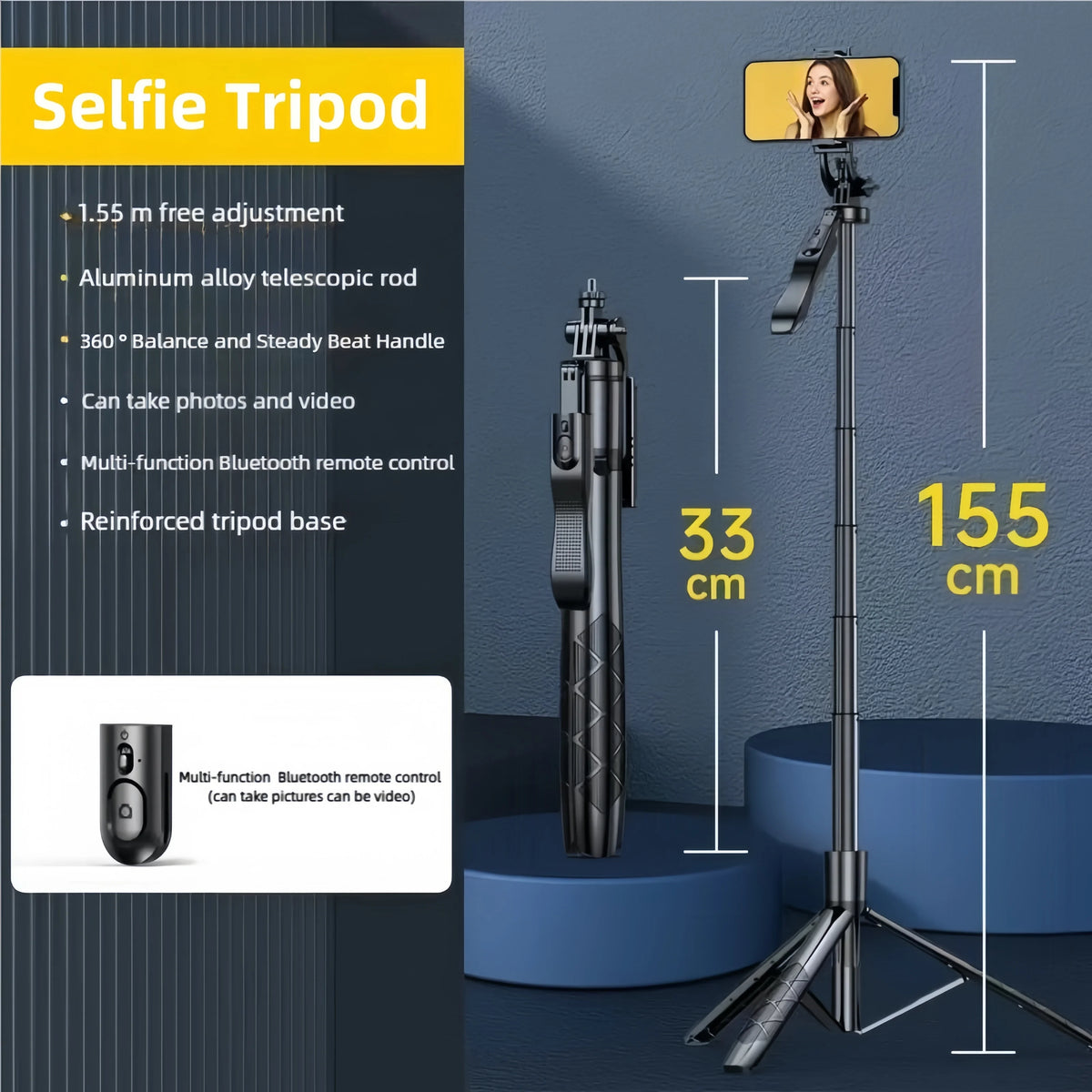 1.55m Extendable Wireless Selfie Stick Tripod with Bluetooth Remote for iPhone Android GoPro,360°Rotation Phone Stand for Videos