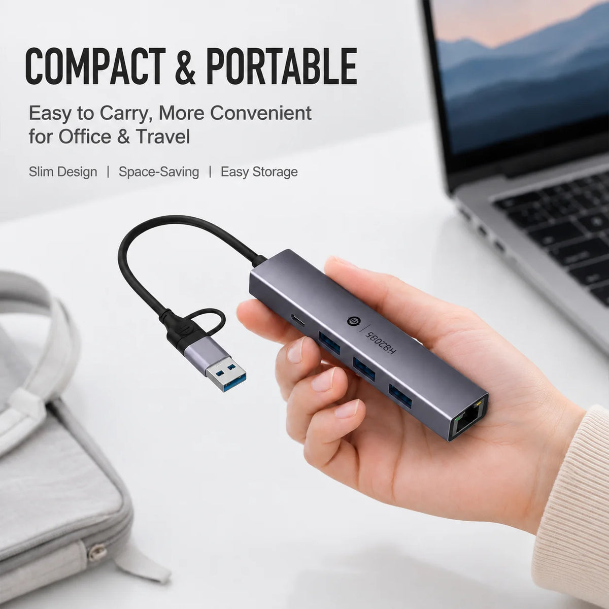 TECHCLAW USB3.2 Hub USB-A+Type-C Dual Input Docking Station 3 USB Ports + RJ45 Gigabit Ethernet LAN Port Type-C Power Supply Lap