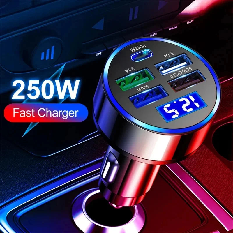 PD 5 in 1 QC3.0 Car Charger 12-24V Cellphone Adapter Digital display 4 USB Type C Fast Charging For iPhone Samsung Huawei Xiaomi