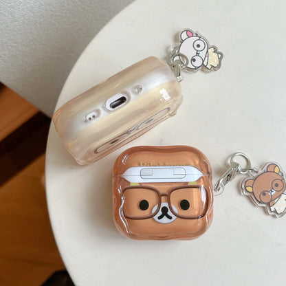 Korean Cute Rilakkuma Glasses Clear AirPods Case with Keychain for AirPods 1 2 3 4 Pro 2 Pro 3 Cute Shockproof Protective Cover