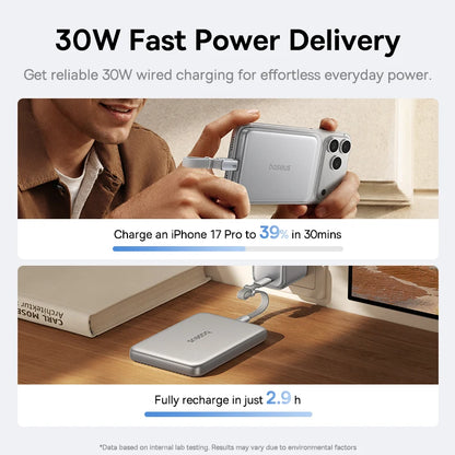 Baseus Qi2.2 Magnetic Power Bank 30W USB-C & 25W Wireless Charging 10000mAh Card-Slim NFC Battery Monitoring for iPhone Samsung