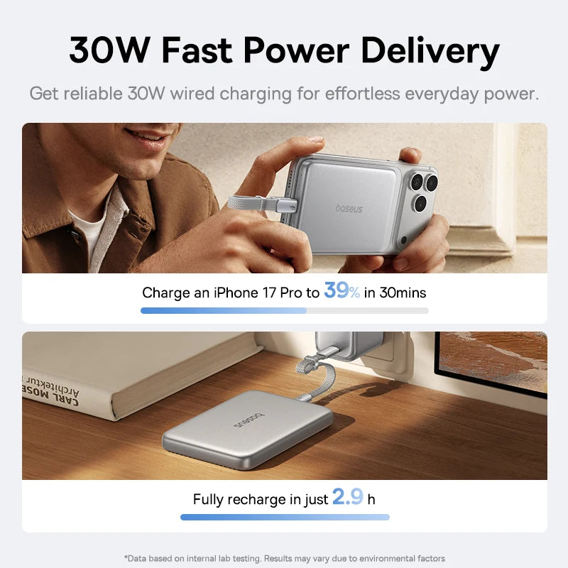 Baseus Qi2.2 Magnetic Power Bank 30W USB-C & 25W Wireless Charging 10000mAh Card-Slim NFC Battery Monitoring for iPhone Samsung