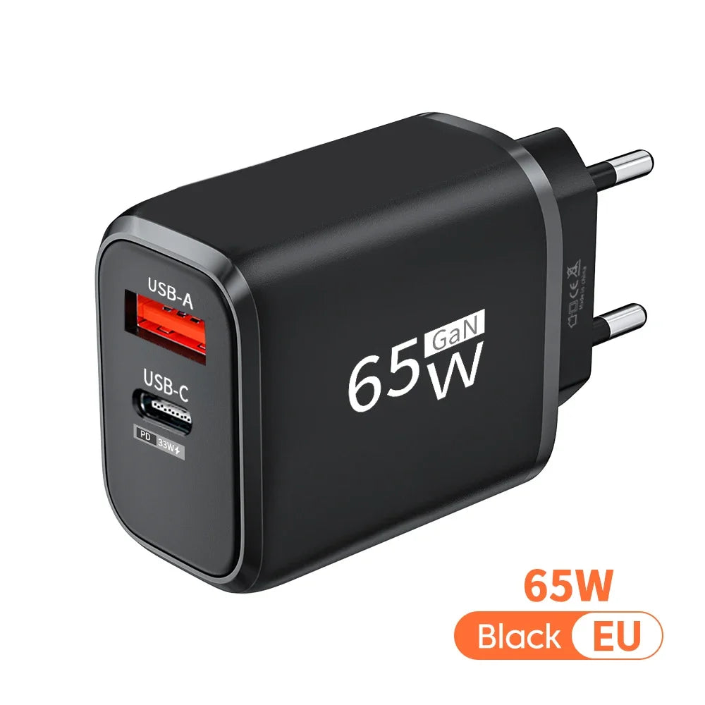 PD 65W GaN 2 In 1 Charger  for iPhone 18 17 XiaomiEU/US Plug USB Type C Fast Charging Wall Charger Portable Quick Charge Adapter