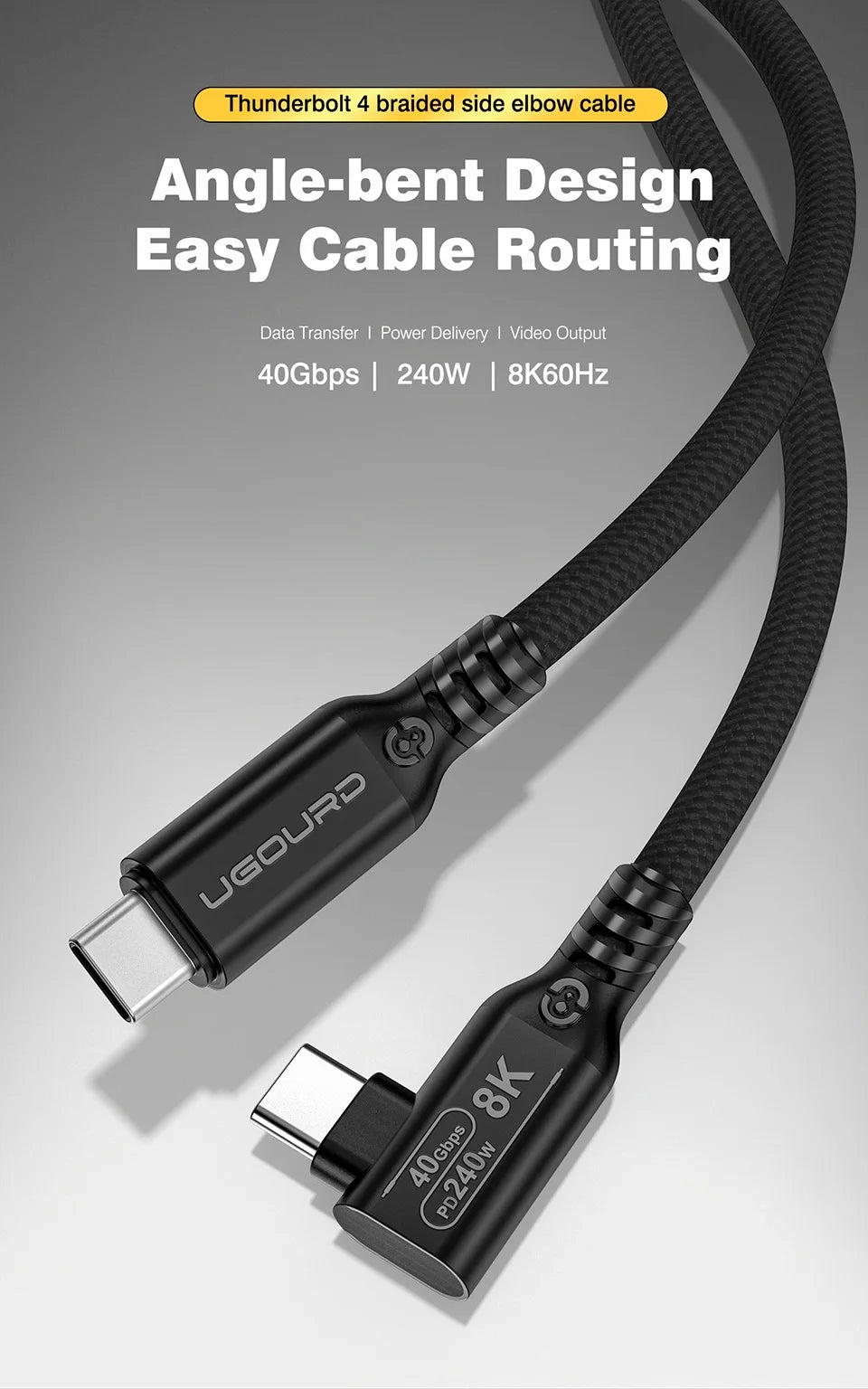 UGOURD Thunderbolt 4 Elbow USB4 Cable 40Gbps PD240W 8K@60Hz Type C to C 90 Degree Side Vertical Bend Braided Cable for SSD EGPU
