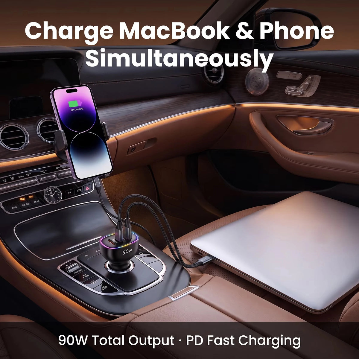 90W USB C Car Charger Fast Charging Multi Port Dual PD 30W Type C USB A 30W Adapter for Laptop Phone MacBook PPS QC3.0 RGB LED