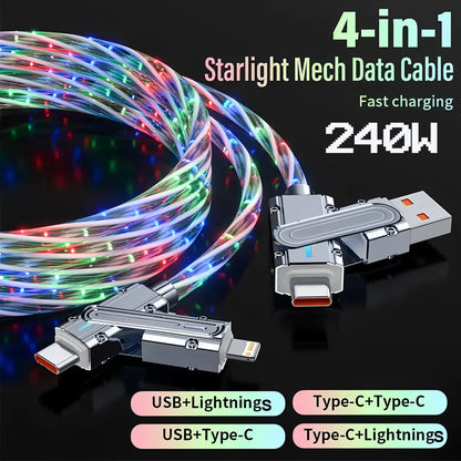 Phone Cable 240W LED Luminous USB Cable 4 in 1 Fast Charging Data Cable for iPhone 14 Pro Max Charger Cables